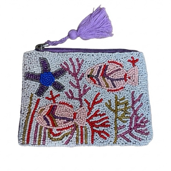 America & Beyond Handbags - America & Beyond Beaded Coin Pouch Ocean Fish Starfish Tassel